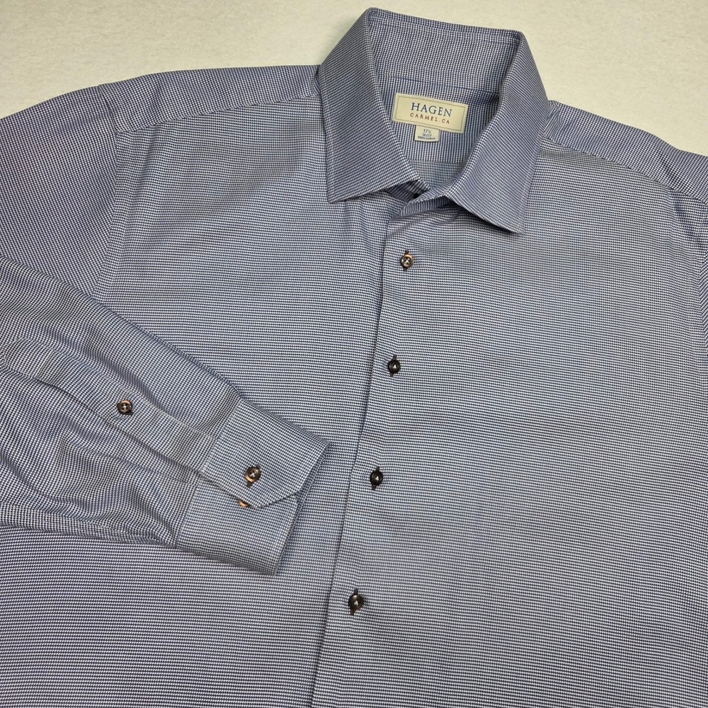 Hagen Carmel CA Dress Shirt Mens L 17.5 36/37 Blue Micro‎ Houndstooth Cotton